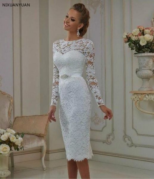 

Vintage Lace Tea Length Lace Wedding Dress 2020 Long Sleeves Sheath Jewel Crystal Sash Bridal Gowns Robe De Mariage, Pink