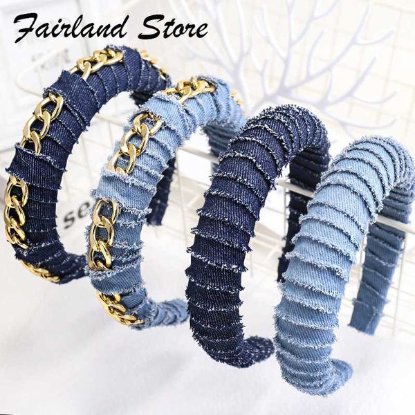 

hair clips & barrettes fairland cool denim fabric padded solid blue ornament oval chain sponge women picnic headband fashion accessories, Golden;silver