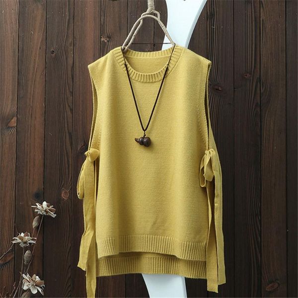 

2020 spring o neck pullover sleeveless knitted vest women plus size side bandage thin hollow out loose side split waistcoat 2929, Black;white