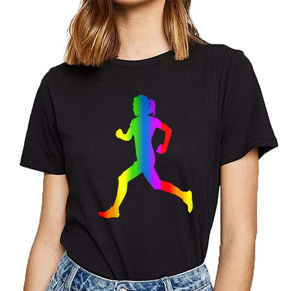 

t shirt women colorful running rainbow humor white short female tshirt