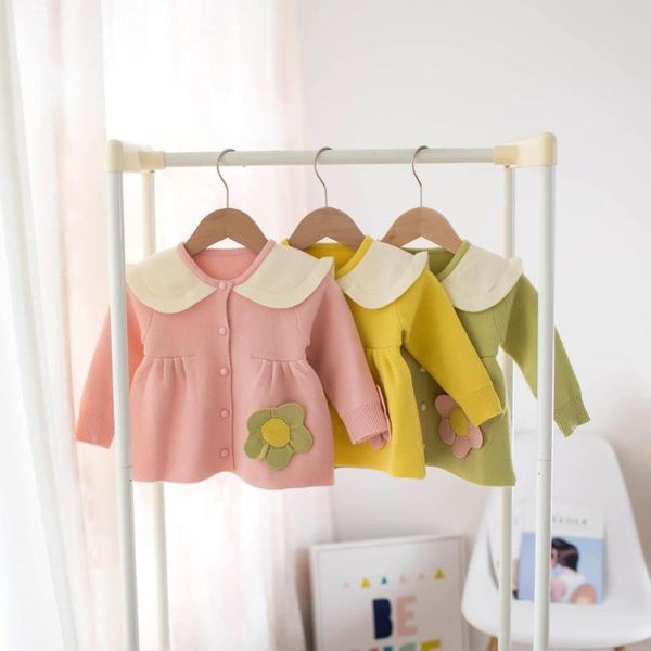 

autumn winter children's long sleeve lapel collar sunflower knitwea sweater girls kids casual cardigans outerwear coats, Blue