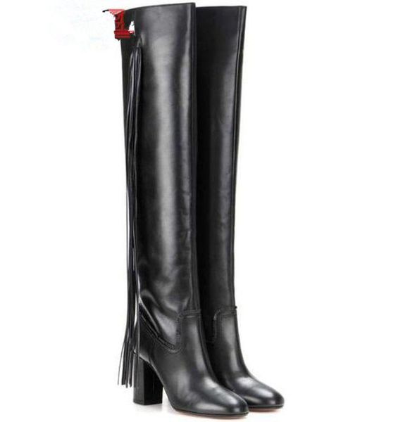 

women fashion round toe knee high tassels thick heel boots long fringes heel boots, Black