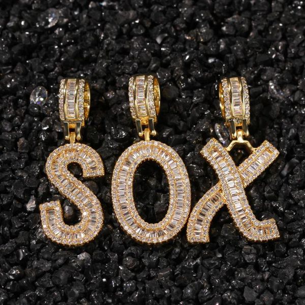 

pendant necklaces baguette intial name letters gold color charm zirconia chain men's hip hop necklace rock jewelry, Silver