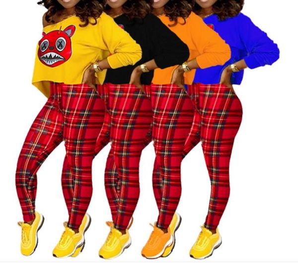 

autumn women's two piece clothing set tracksuit long sleeve round neck hoodie red plaid leggings pants casual outfits plus size ly9122, White