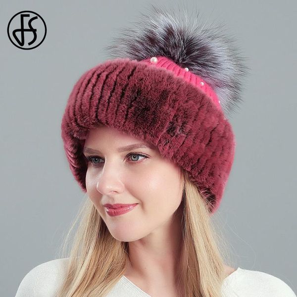 

fs natural rex fur hat winter bonnets hats for women genuine raccoon pompom caps lady warm knitted skullies beanies, Blue;gray