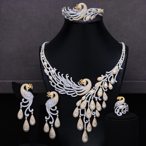 

godki luxury phoenix 4pcs african necklace earring sets zircon jewelry sets for women wedding nigerian party jewelry set, Silver