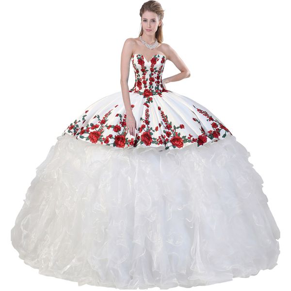 Atemberaubendes, abnehmbares Quinceanera-Kleid mit Bold Rose-Charra-Applikation, mexikanischer, abnehmbarer, gerüschter Organza-Rock, Ballkleid für das Sweet 15