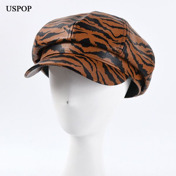 

stingy brim hats uspop octagonal women korean zebra pattern pu cap viasor for autumn, Blue;gray