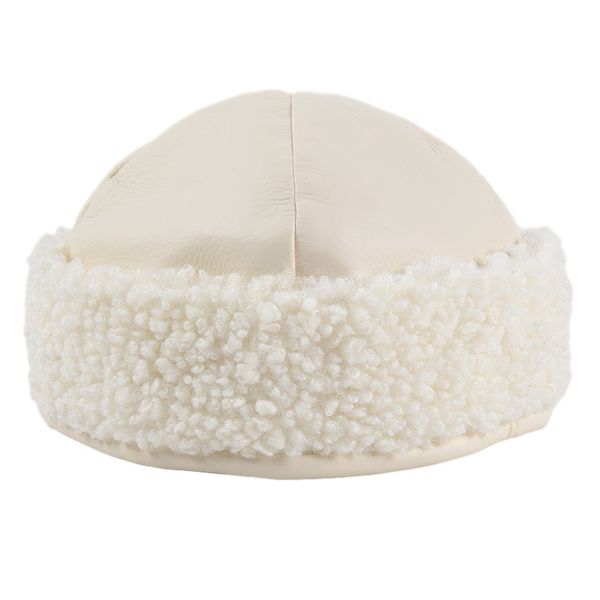 

2020 autumn and winter new lamb hair stitching pu leather landlord hat female korean fashion yuppie melon leather hat male cold, Blue;gray