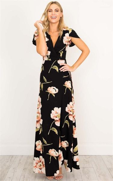 

womens v neck cap sleeve ankle length flora printed dresses womens summer clothes womens designer casual dresses, Black;gray