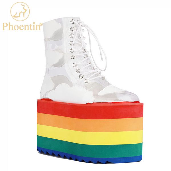 

phoentin rainbow pvc ankle boots for women high platform heels short transparent boots nightclub cake bottom ladies shoes ft1133, Black