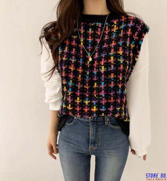 

women's sweaters tweed fake two pieces women sweater puff long sleeve patchwork knitted 2021 korean o neck pullover knitwear 4a578, White;black