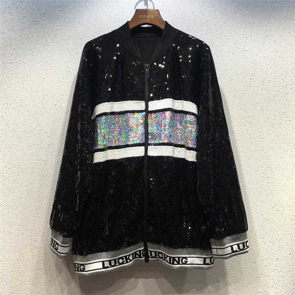 

women's jackets woman shining sequins jacket short women sequined coat hip hop rock letters o-neck out wear college, Black;brown