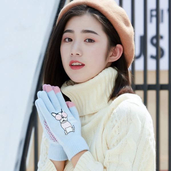 

knitted gloves ladies winter touch screen warm plus velvet thick cute student outdoor riding wool cartoon running gloves, Blue;gray