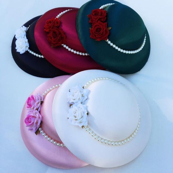 

stingy brim hats european bride wedding hat pearl rose flower satin fascinator headdress elegant ladies royal party cocktail hair accessorie, Blue;gray
