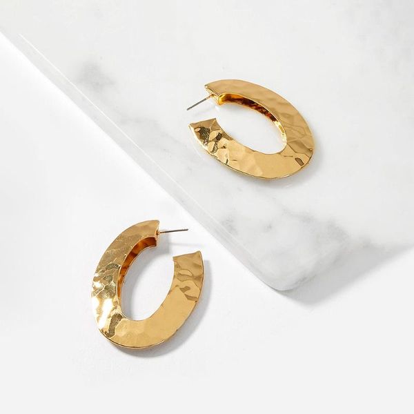 

hoop & huggie minimalist hammer ellipse hollow earrings gold plated metal light weight exquisite office jewelry, Golden;silver