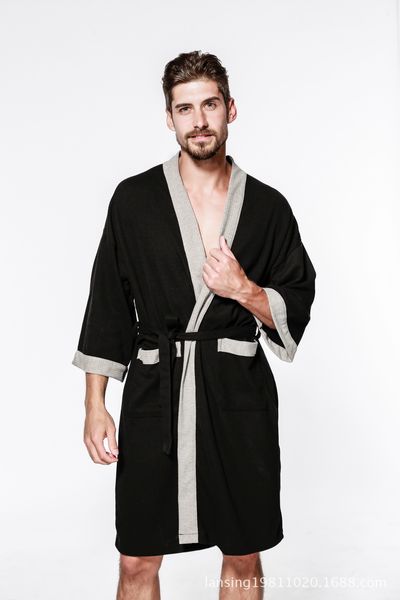 

v-neck loose pockets sleepwear solid color knee length men women underwear casual comfortable home clothing, Black;brown