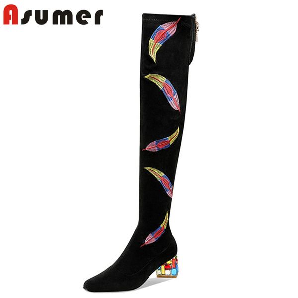 

boots asumer 2021 big size 34-45 over the knee women square toe crystal thick heel casual party shoes ladies stretch, Black