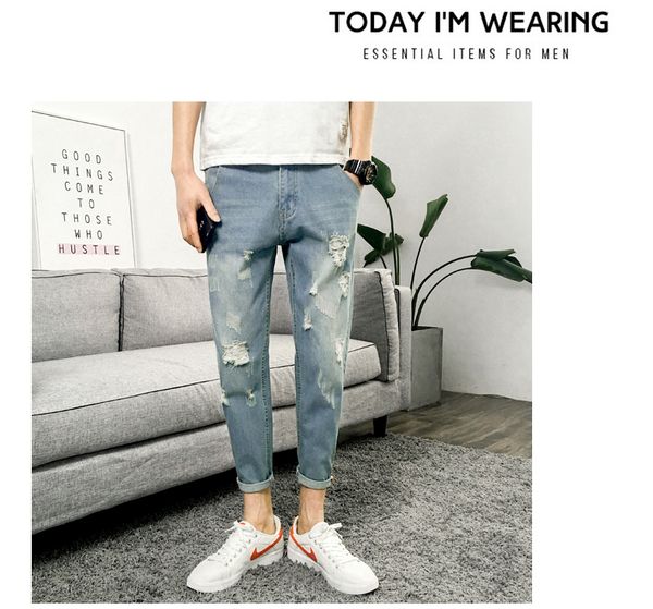 

light blue hole in nine points jeans men fall straight loose haroun pants linye1250