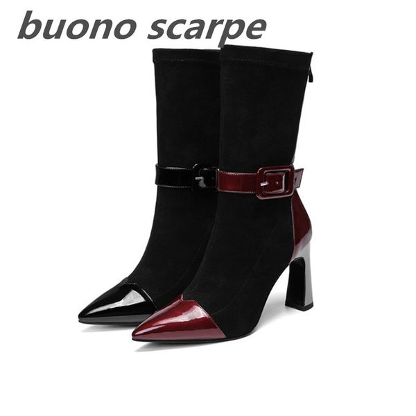 

2020 new boots women's autumn and winter pointed thick with belt buckle high-heeled elastic boots, Black