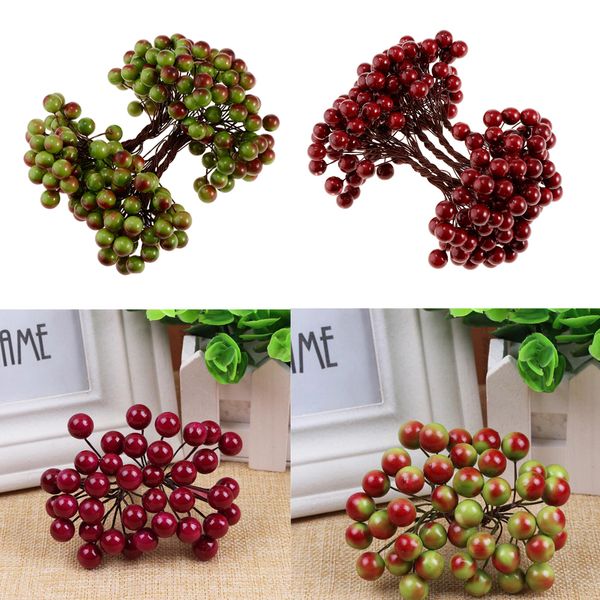 

200pcs artificial holly berries simulation foliage bunch decor red + green