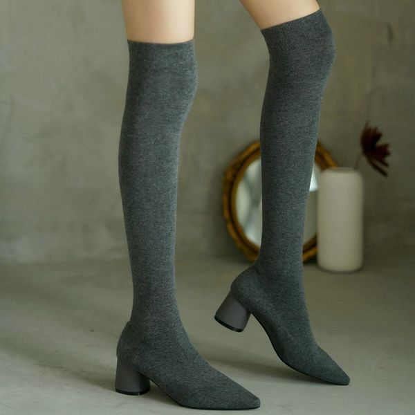 

boots 2021 fashion stretch fabric women over the knee pointed toe round heel ladies autumn winter sock, Black