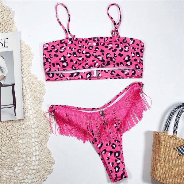 

womens clothing new arrival new womens swimwear leopard with tassel 2pcs bikini, White;black
