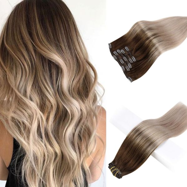 

balayage clip in hair extensions #4 brown fading to #18 ash blonde ombre clip ins on extension 8pcs/120g, Black;brown