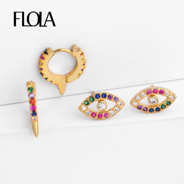 

stud flola rainbow evil eye earrings for women small horn crystal cubic zirconia jewelry olho grego ersq18, Golden;silver