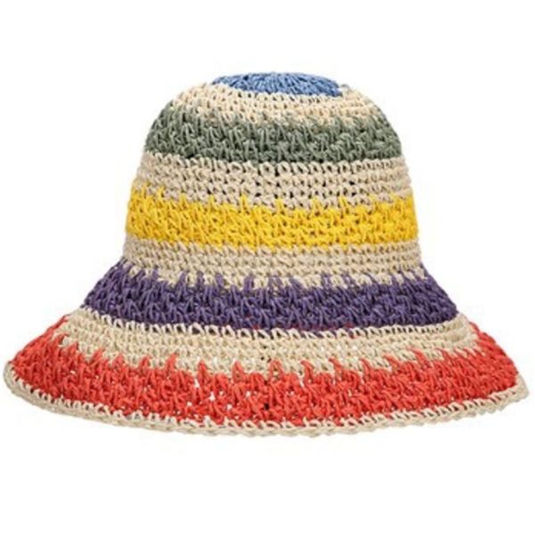 

women handmade crochet straw sun hat rainbow colorful stripe sunscreen beach cap, Blue;gray
