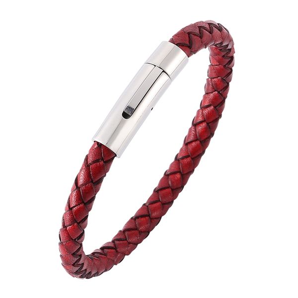 

charm bracelets vintage women jewelry men red leather braided bracelet stainless steel snap bangles for woman man gifts sp0030, Golden;silver