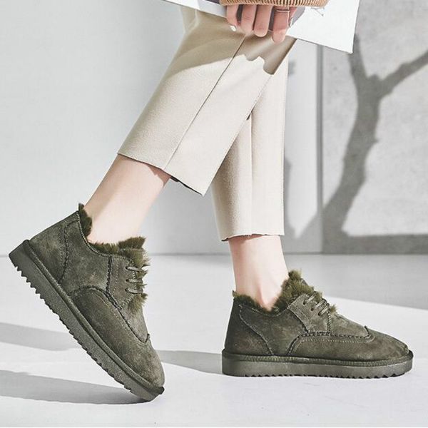 

2020 winter lace up women's snow boots flock flat heel comfort plus velvet warm cotton shoe woman short botas mujer beige black