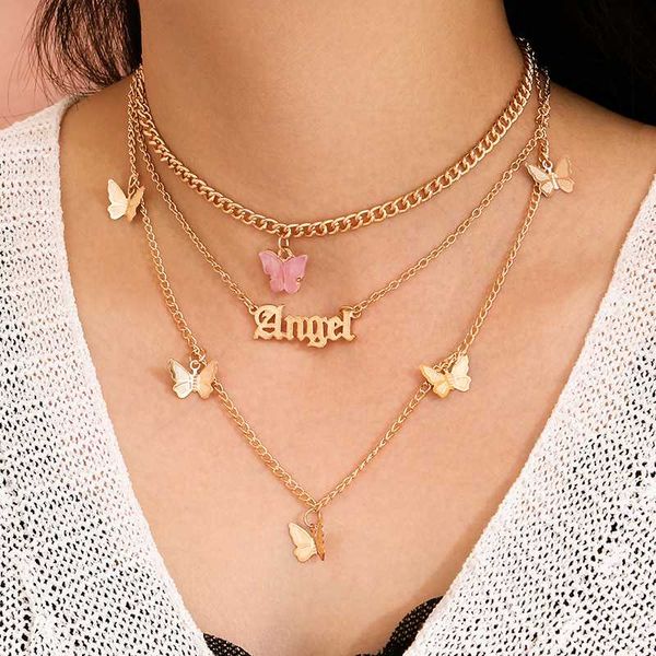 

3pcs/set classic women necklaces set letter angel pink butterfly clavicle chain gold necklace fashion dance party jewelry, Golden;silver