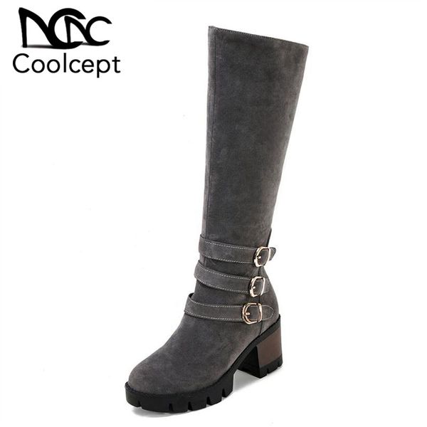 

coolcept women high heels knee boots winter warm fur platform shoes woman buckle zipper long boots round toe shoes size 34-43, Black
