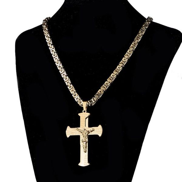 

fashion gold tone jesus crucifixion cross necklace stainless steel 6mm byzanine chain crucifix mens pendant biker jewelry 18-40, Silver