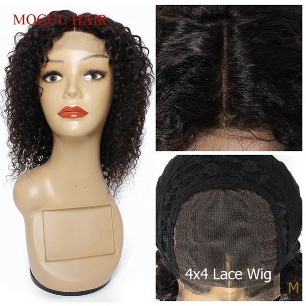 

lace wigs mogul hair 4x4 closure wig human natural color brown jerry curly remy 12"-28" short style 150% density, Black;brown