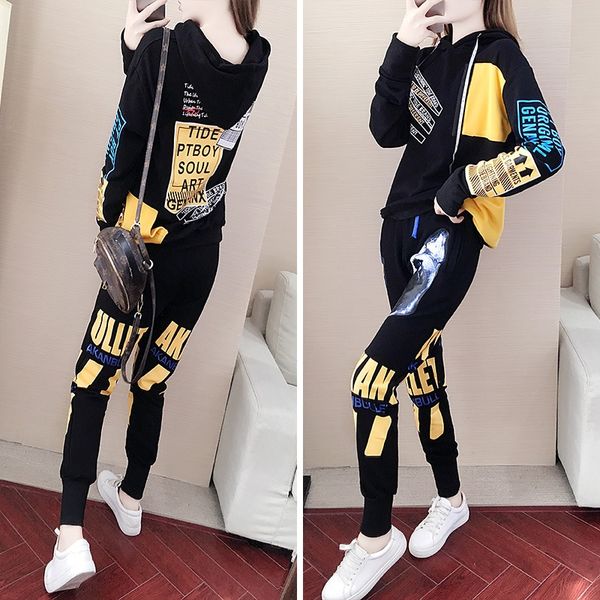 

autumn and winter sweater sweatersports suit for women 2019 new korean style loose personality fashion temperament casual sweater two-piece, Gray