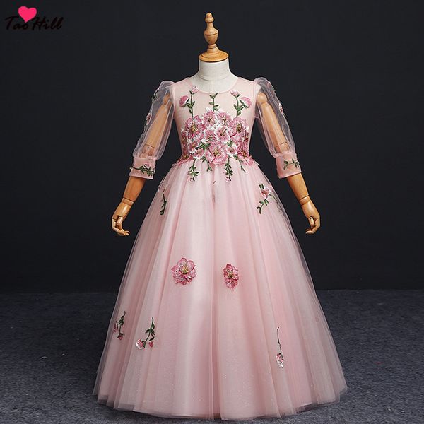 

taohill pink flower girl applique decoration long dress beauty three quarter sleeves 2020 new girl wedding party exchange dress, Red;yellow