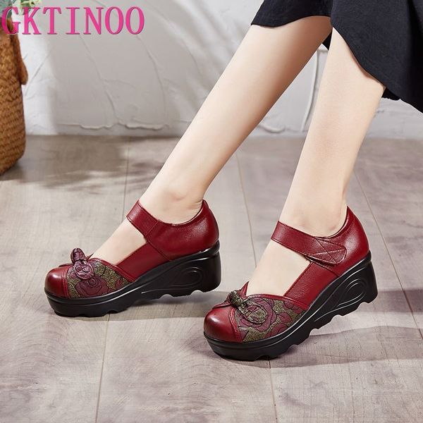 

gktinoo genuine leather women shoes 2020 high heels handmade summer shoes pumps flower platform women wedge, Black