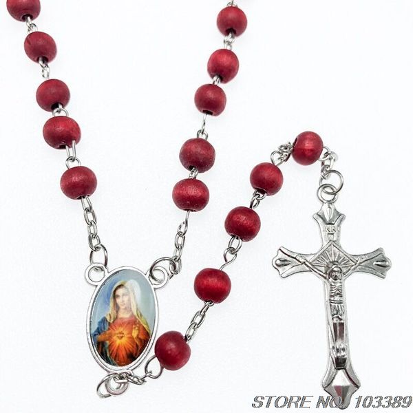 

chains 3pcs/pack red or dark pink rose scent perfume rosary virgin mary center zinc alloy jesus cross pendant necklace oppbag packing, Silver