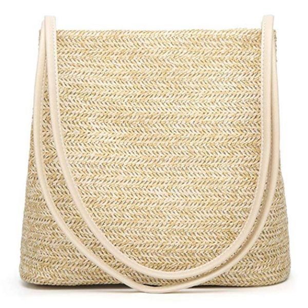 

женская сумка моды красивая соломы сплетенный tote большой летний пляж сумки на ремне, бежевый