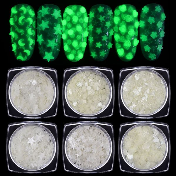 

nail glitter 1g/box ultra-thin fluorescent luminous sequins heart star flower designs flakes glow in the dark diy nails art accessories, Silver;gold