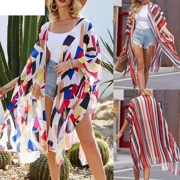 

women's swimwear women long smock bohemian beach wear sun cover holiday chiffon gradient up loose blouse floral, White;black