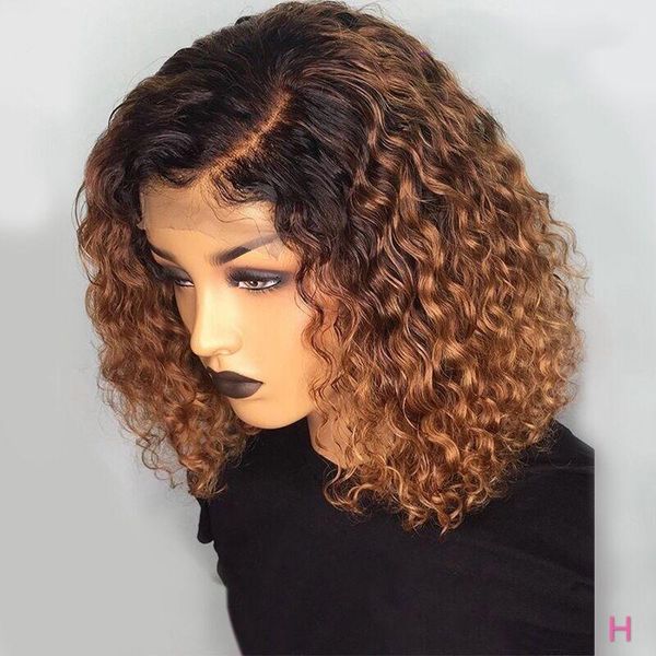 

1b/27 color short curly lace front human hair wigs with baby hair pre plucked remy brazilian lace bob wigs bleached knots, Black;brown