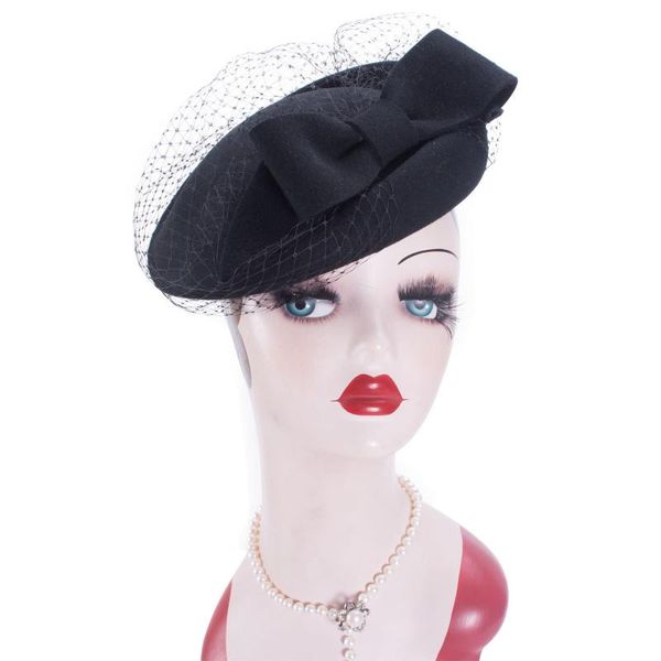 

stingy brim hats lawliet womens wool felt queen kate shape beret bow ribbon cocktail race modern pillbox hat a506, Blue;gray