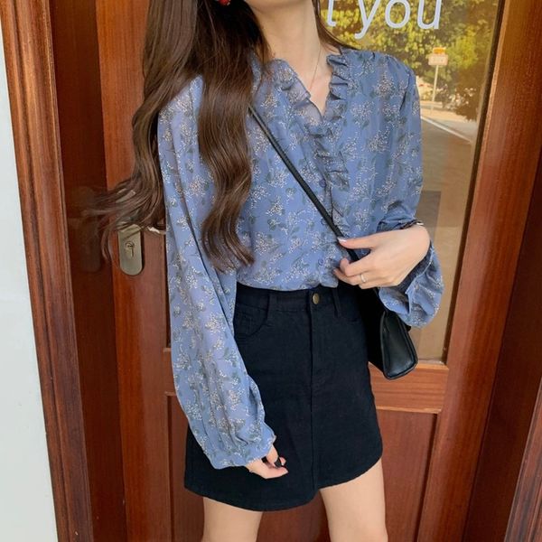 

flower print chiffon shirts women 2020 summer autumn long sleeve ruffles blouse korean clothes girls fashion floral shirt, White