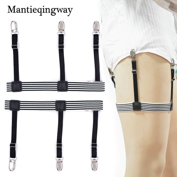 

mantieqingway mens shirt stays garters elastic nylon adjustable shirt holders for male striped suspenders straps anti-skid belt, Black;white