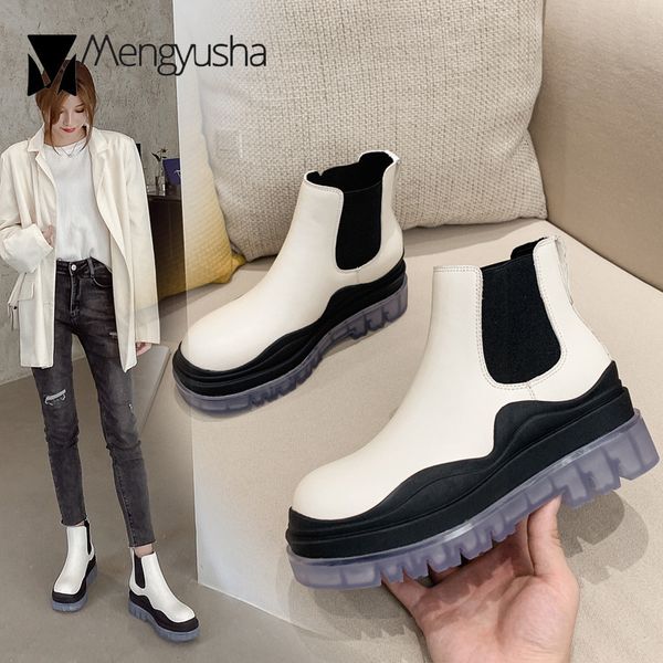 

boots wave colors block platform women elastic fabric slip on short botas soft pu leather shoes woman muffins stovepipe botines, Black
