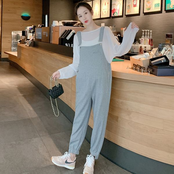 

1965# autumn spring knitted cotton maternity bib pants casual jumpsuits clothes for pregnant women loose pregnancy overalls, White