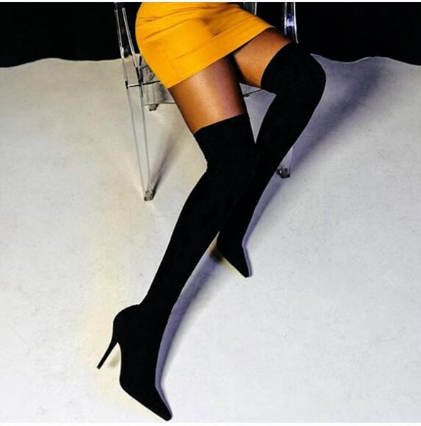 

women fashion over-the-knee sock boots woman thin high heels women's stetch fabric ladies pointed toe female elegant thigh high, Black